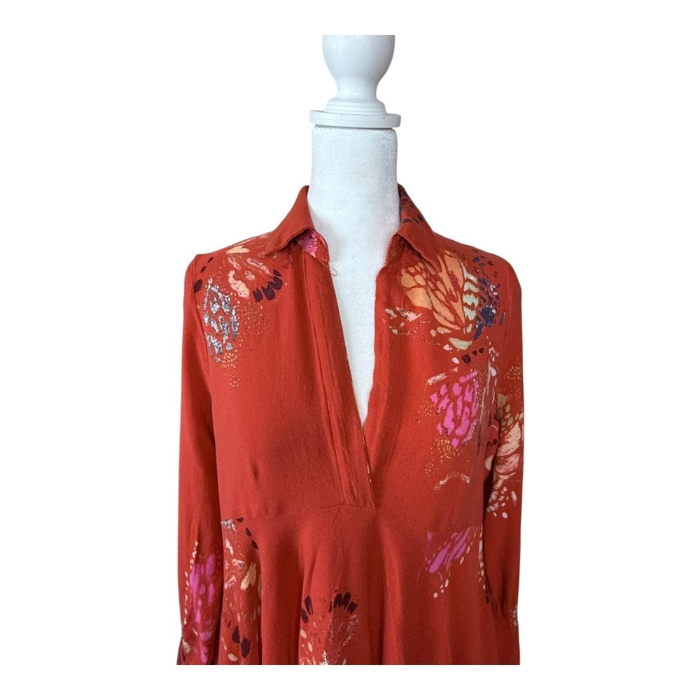 Free People Tunic Shirt Womens Small Red Floral Butterfly Boho Long Sleeve Rayon - Picture 2 of 16